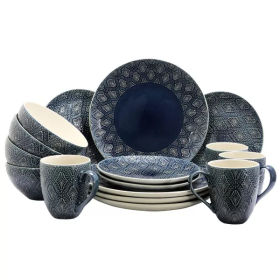 16pc Stoneware Lovely Tapestry Dinnerware Set Blue