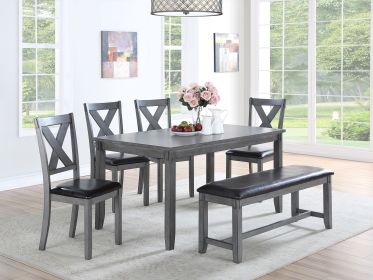 Dining Room Furniture Casual Modern 6pc Set Dining Table 4x Side Chairs and A Bench Rubberwood and Birch veneers Gray Finish