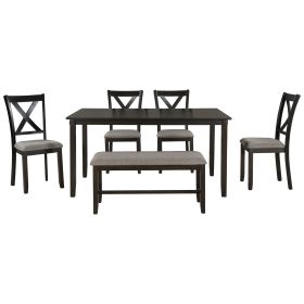 TREXM 6-Piece Kitchen Dining Table Set Wooden Rectangular Dining Table, 4 Fabric Chairs and Bench Family Furniture (Espresso)