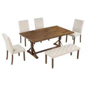 TREXM 6-Piece Farmhouse Dining Table Set 72" Wood Rectangular Table, 4 Upholstered Chairs with Bench (Walnut)